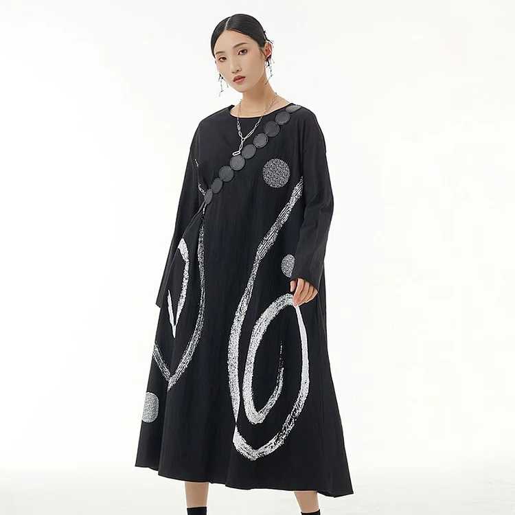 Casual Loose Crewneck Printed Pockets Long Sleeve Dress