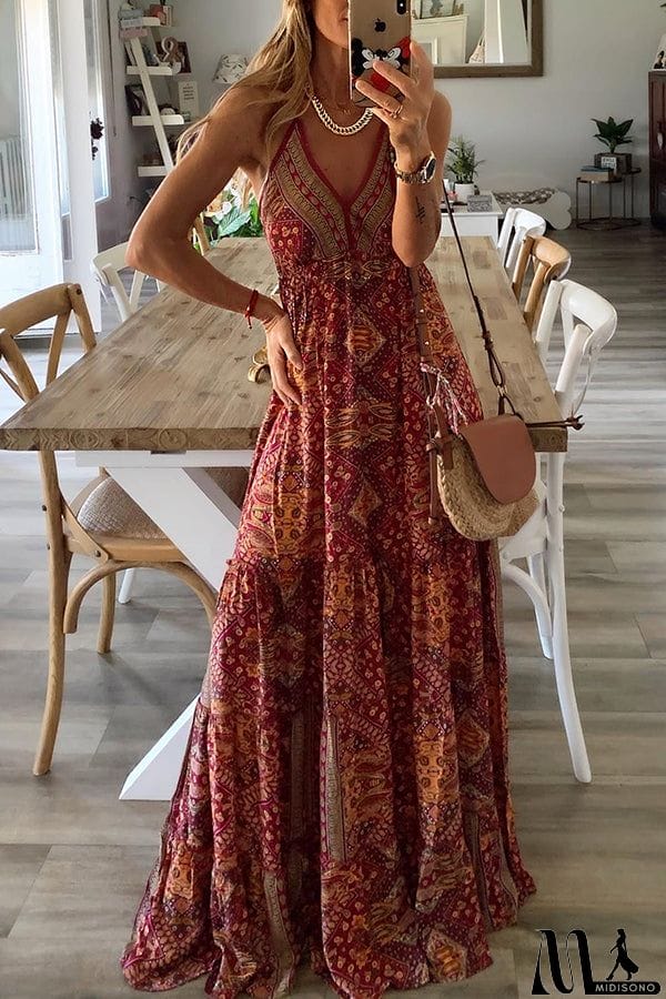 MidiSono - Celeste Boho Printed Strap Elastic Waist Maxi Dresses