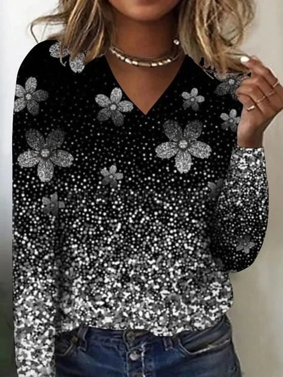 Loose Casual Ombre V Neck T-Shirt
