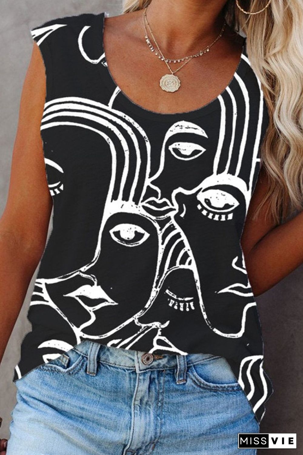 Abstract Print Round Neck Vest