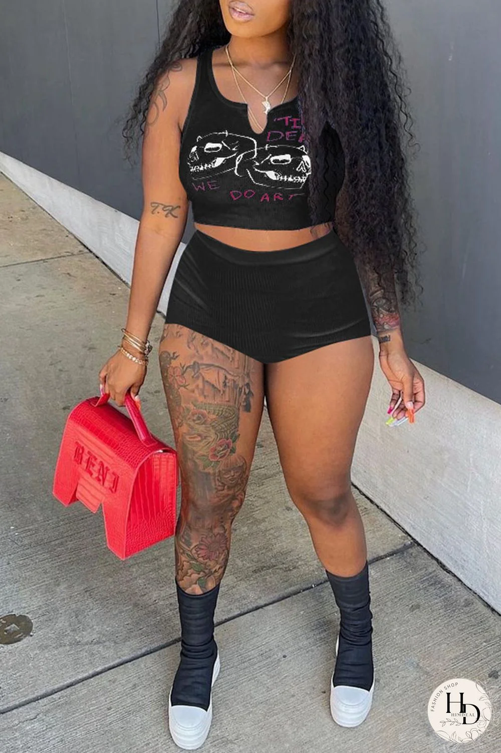 Black Casual Print Split Joint Spaghetti Strap Sleeveless Two Pieces