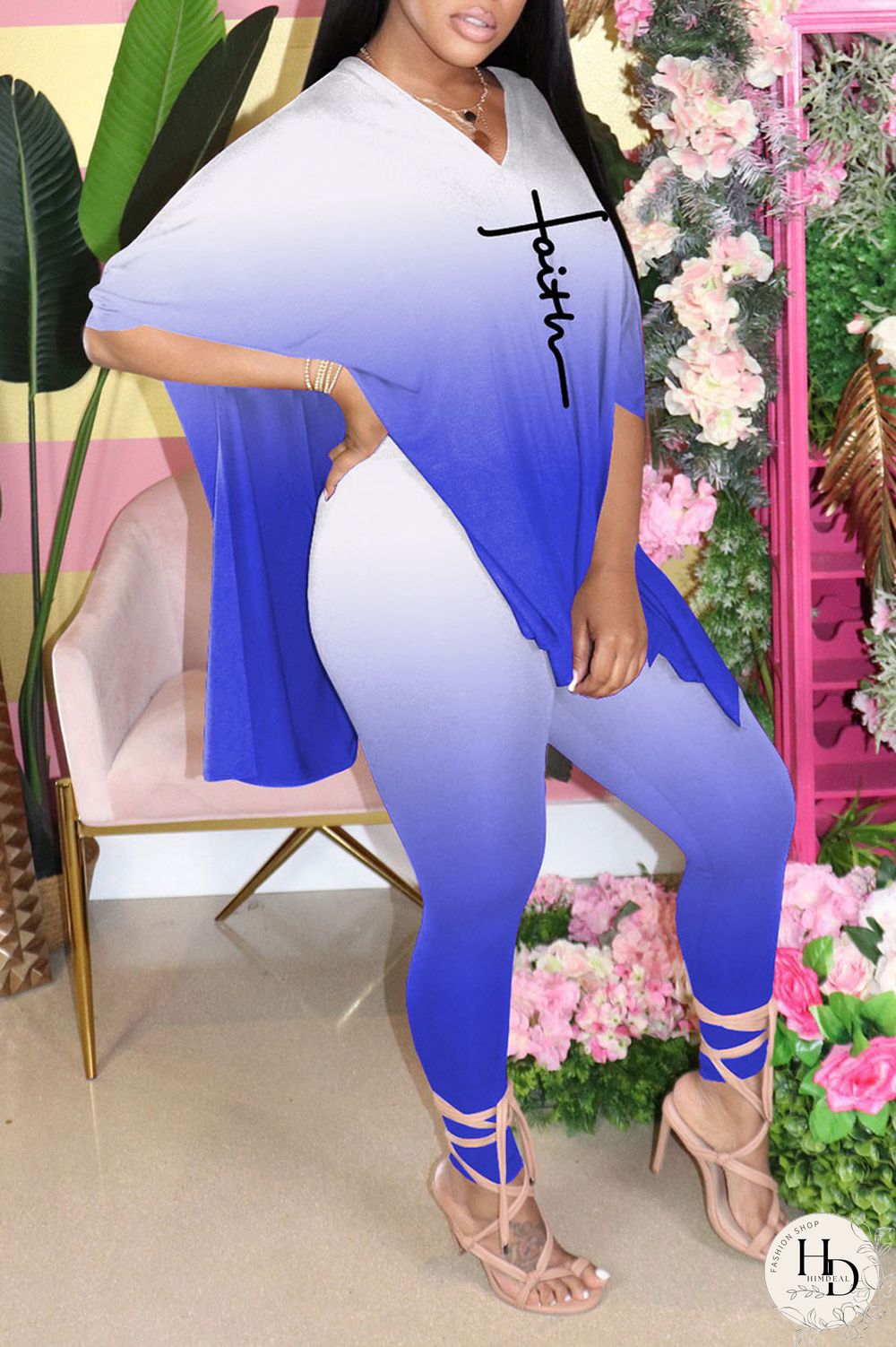 Blue Casual Gradual Change Print Patchwork Slit V Neck Half Sleeve Two Pieces