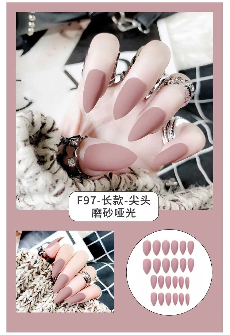 24Pcs Charming Fake False Nails Tips Wine Red Pointed Head Full Cover Nail Tips Long Style Nude Artificial Flase Nails with Glue-Nail Inspo