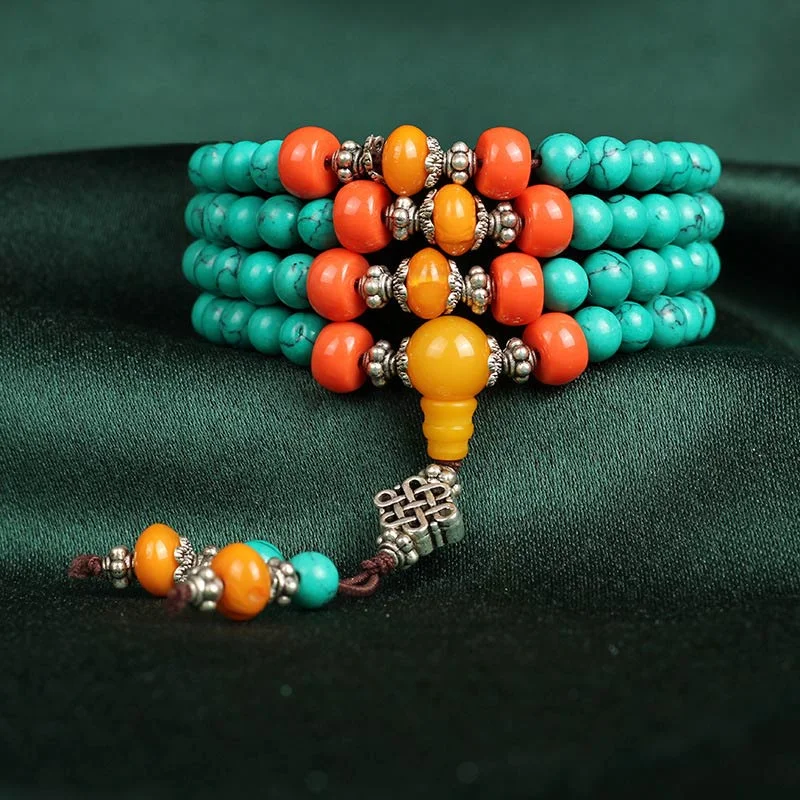 Tibetan Turquoise Amber 108 Beads Protection Bracelet