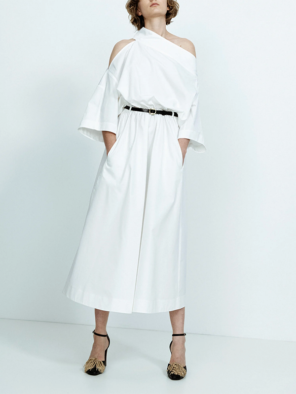No Belt Solid Color Long Sleeves Loose Off-the-shoulder Midi Dresses