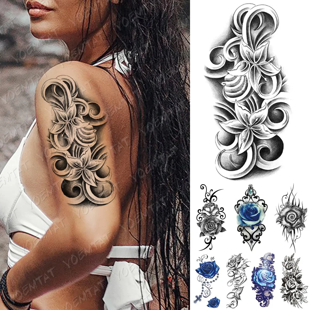 Waterproof Temporary Tattoo Sticker Sketch Lily Blue Rose Tattoos Totem Flower Rosary Body Art Arm Fake Sleeve Tatoo Women Men