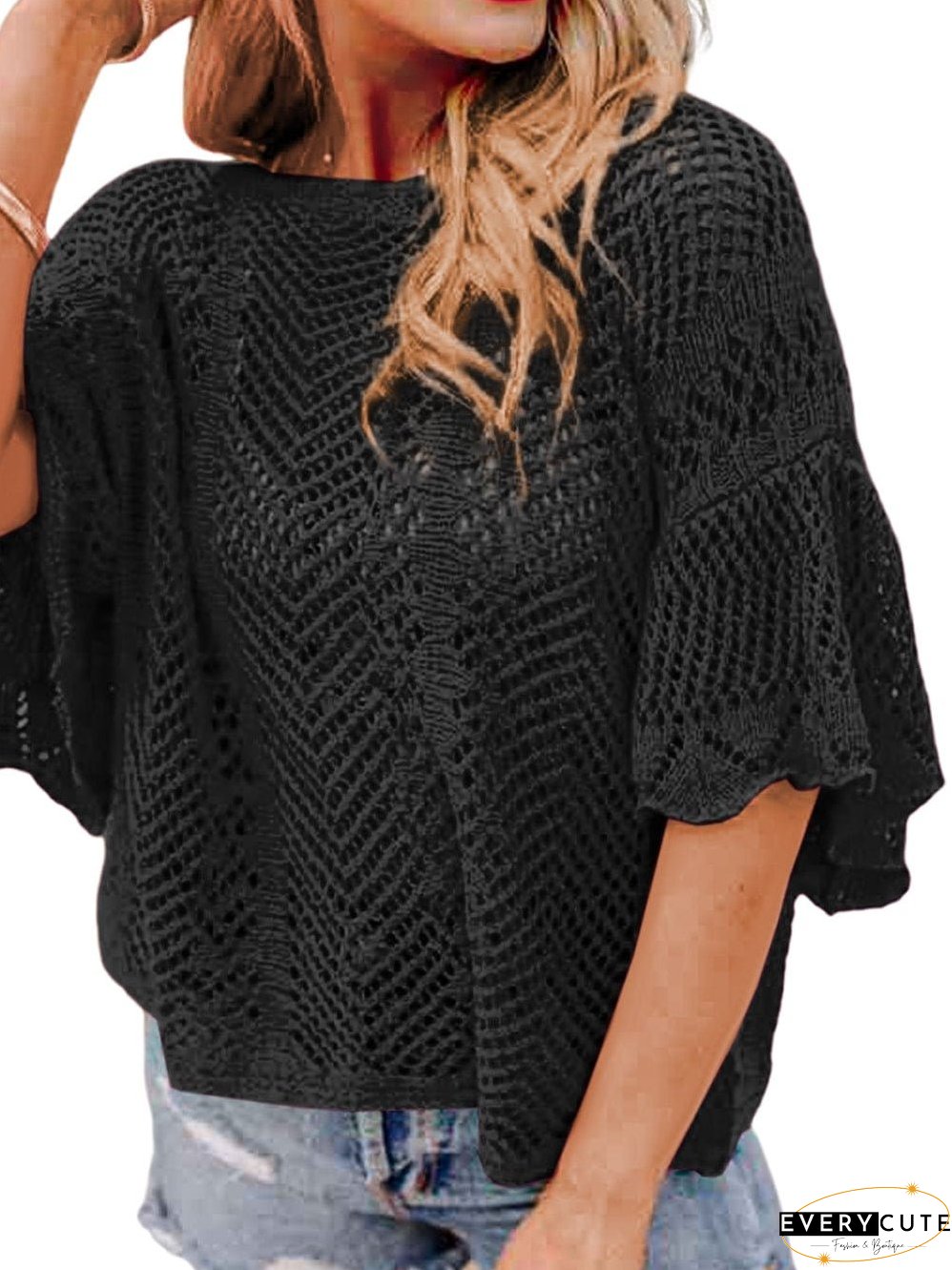 Pointelle Knit Black Scallop Trim Short Sleeve Top
