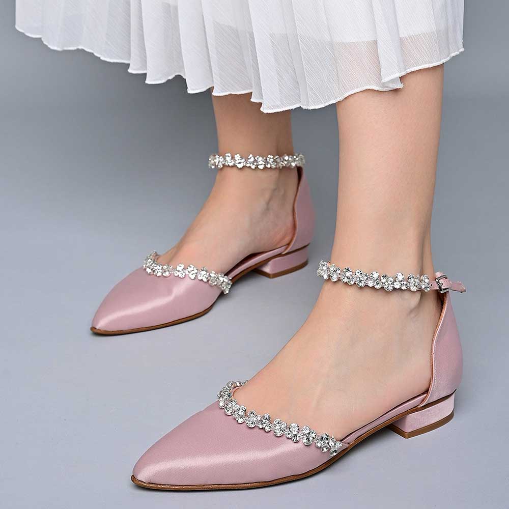 Pink Satin Pointed Toe Flat Rhinestone Embellished Ankle Strap Shoes Nicepairs