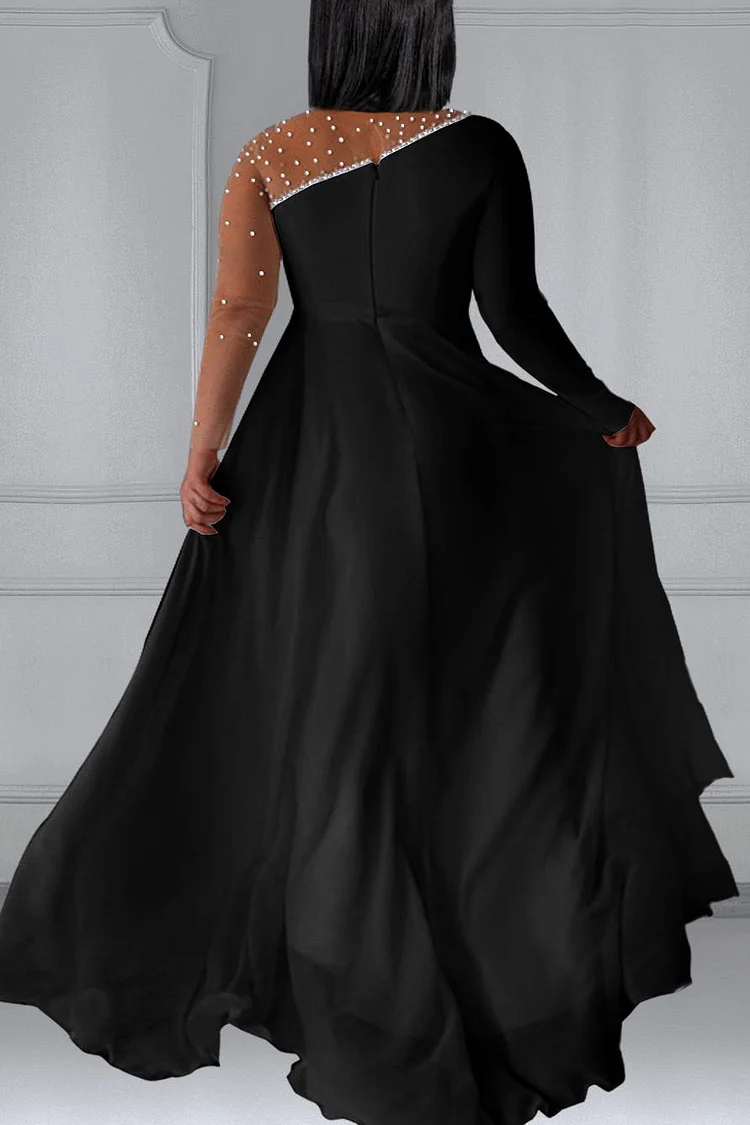 Xpluswear Design Plus Size Prom Black Round Neck Long Sleeve Split Pearls Maxi Dresses