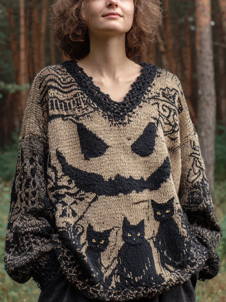 Women's Vintage Halloween Black Cat Knit Sweater