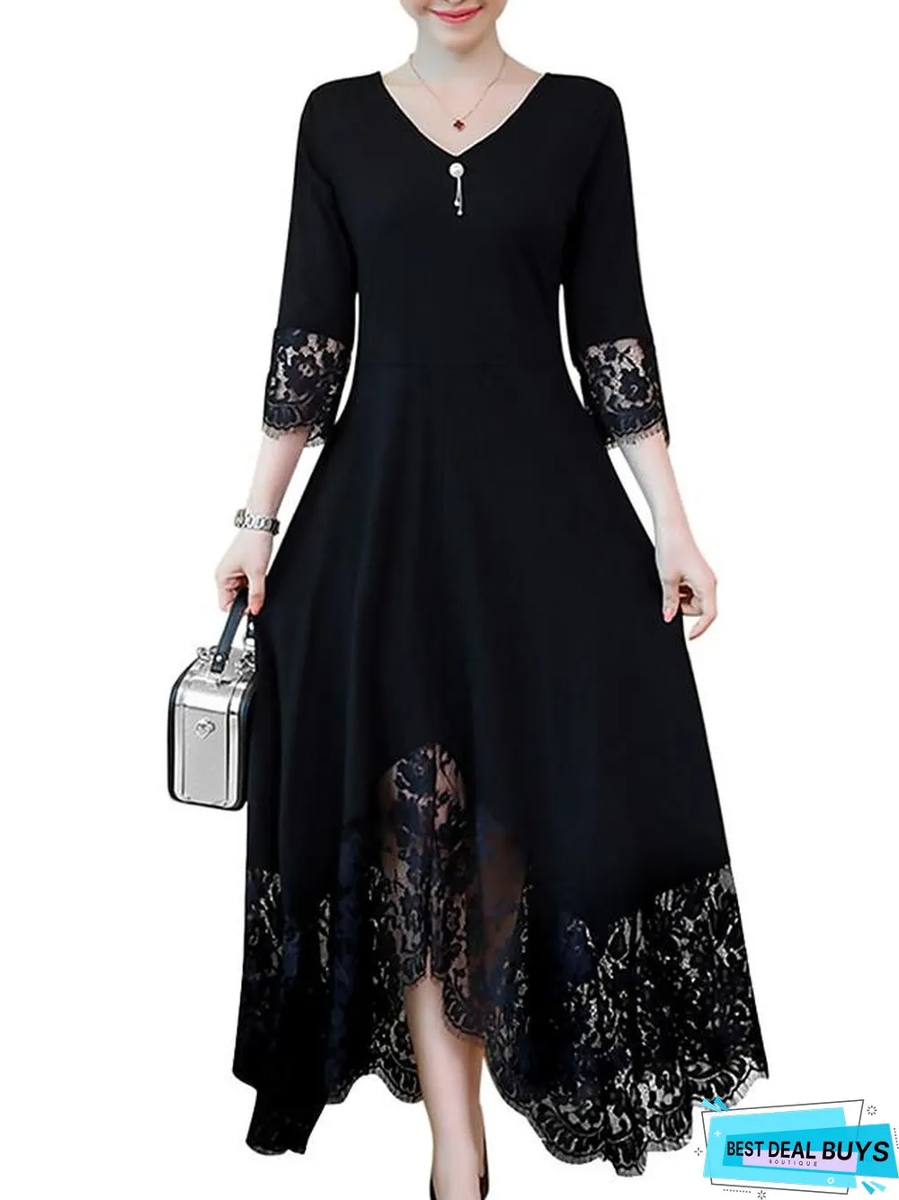 Womens A-Line Dress Maxi Long Sleeve Black Solid Colored Lace Trims Spring Fall Neck Plus