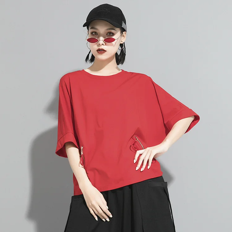 Casual Solid Color Zipper Mid-sleeve T-Shirt