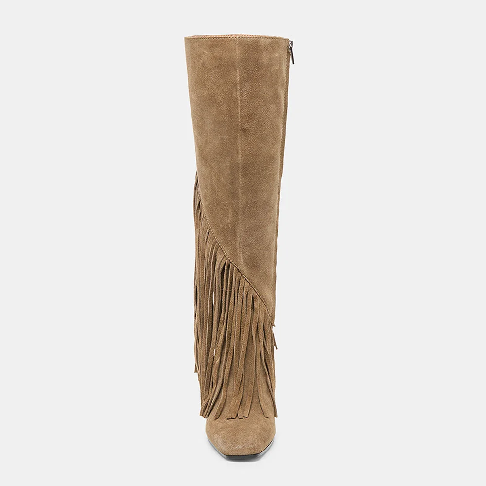 Olive Vegan Suede Square Toe Fringe Side Zipper Tall Boots for Women
