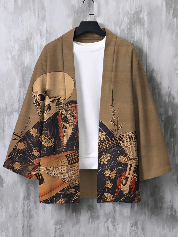 Men's Retro Japanese Art Painting Of Skull Playing Guitar Print Casual Kimono Cardigan