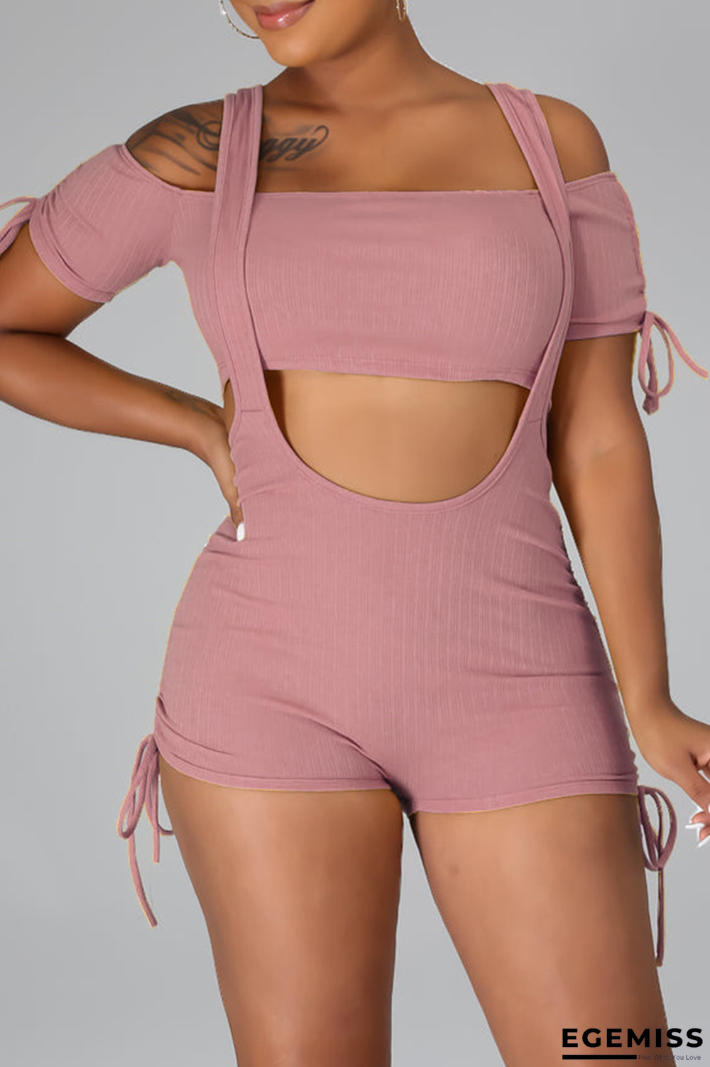 Pink Sexy Solid Patchwork Spaghetti Strap Short Sleeve Two Pieces | EGEMISS