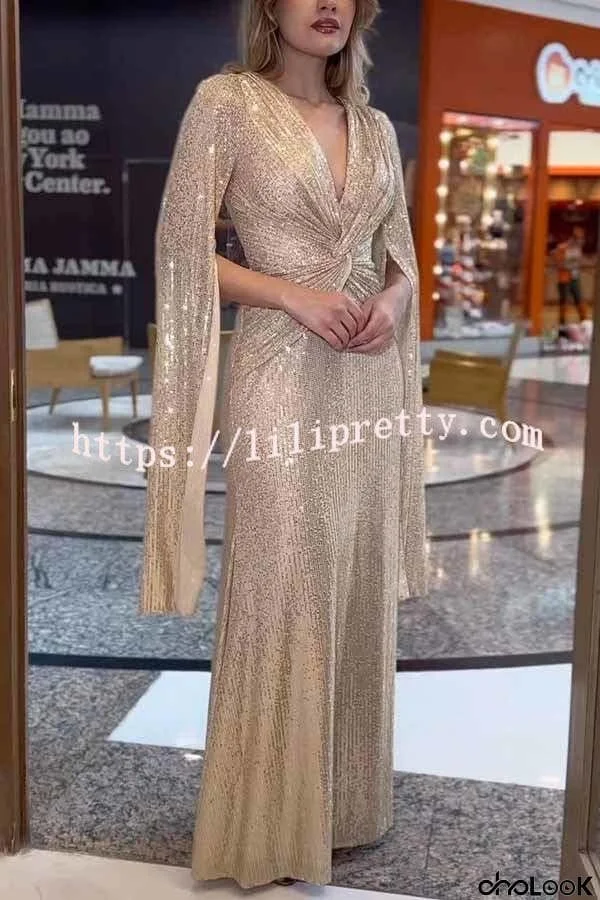 Shine Brighter Sequin Cape Sleeve Cross Waist Evening Maxi Dress