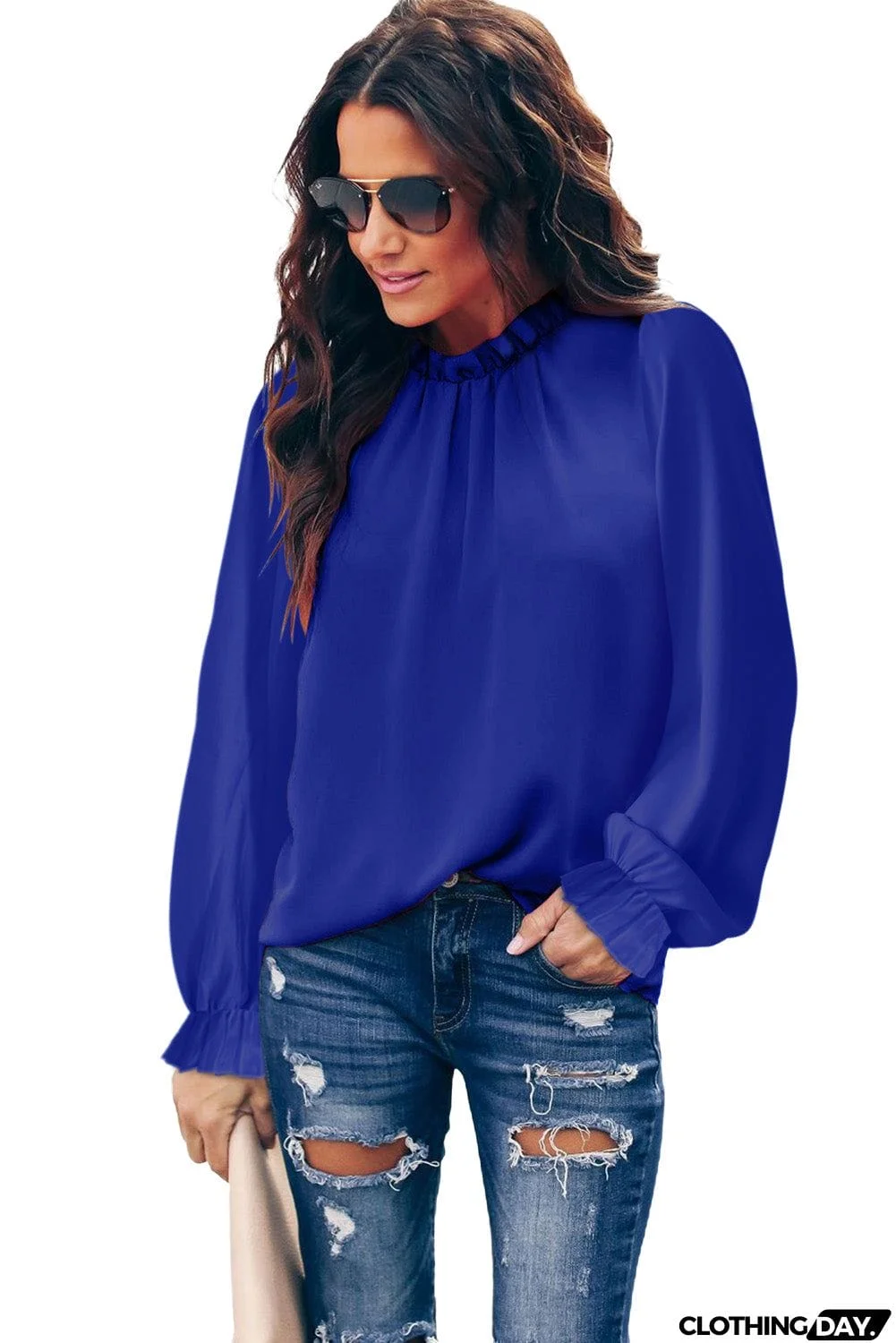 Frilled Mock Neck Balloon Sleeve Blouse