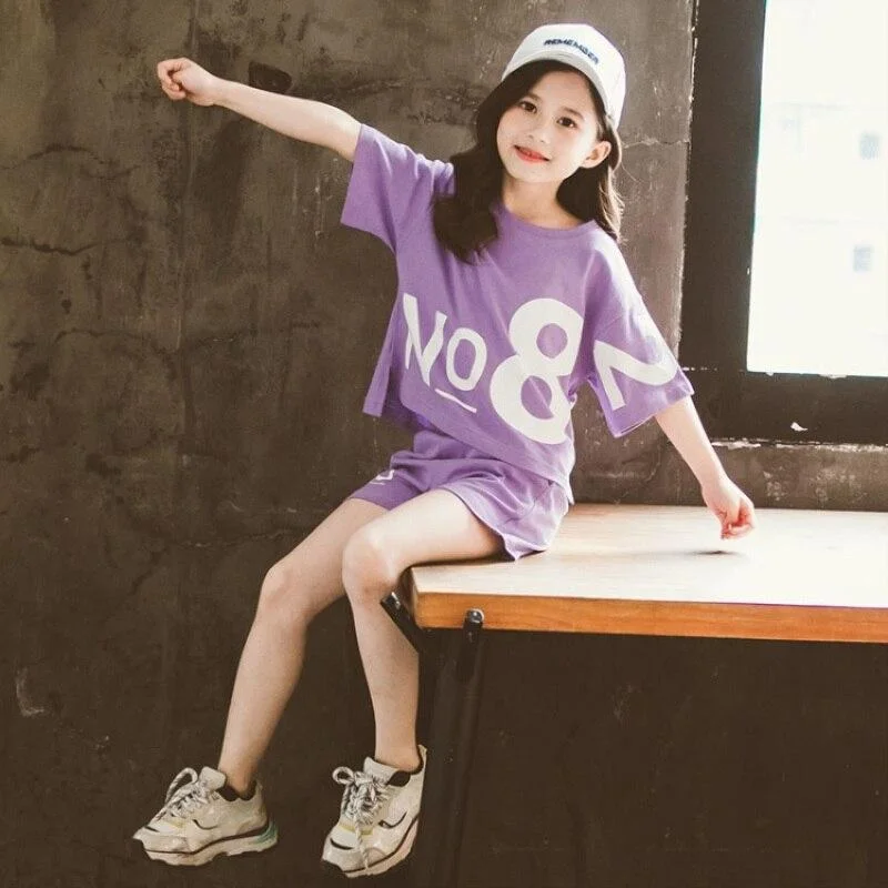 New Two Piece Loose Jacket Spring Autumn Letter T-Shirt Girls Kids Outerwear Teenage Top Children Clothes Shorts School Uniform