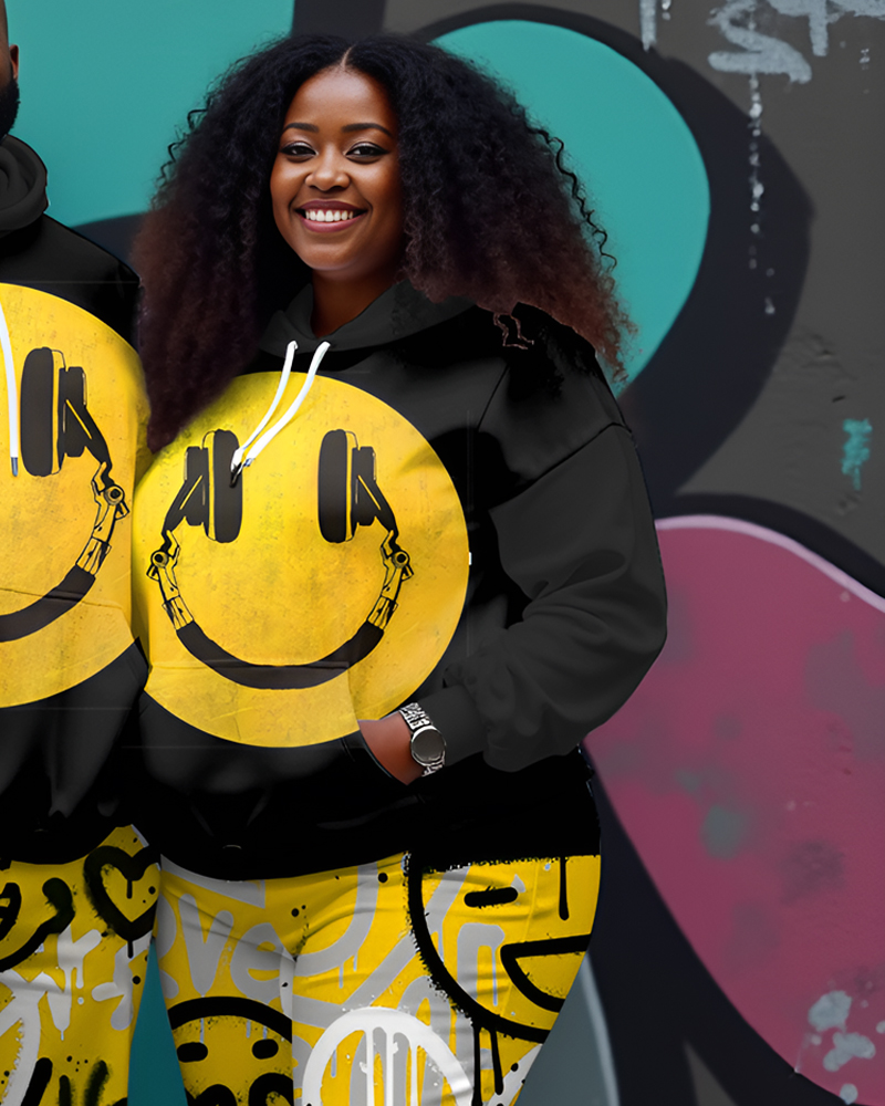 Couple Plus Size Street Music Smiley Doodle Print Hoodie Set