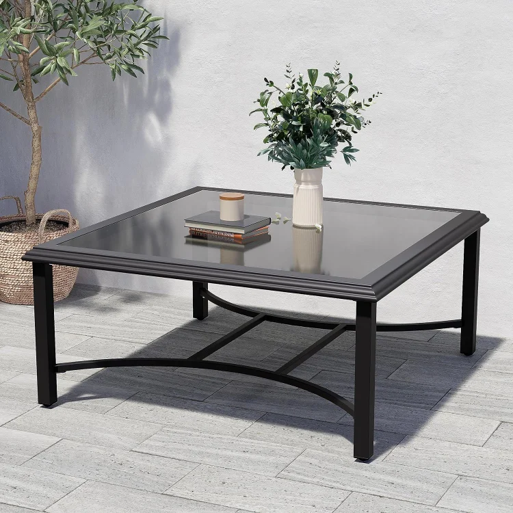Outdoor Furniture Coffee Table Tempered Glass Steel Square Side Table for Garden Conversation
