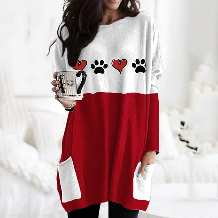 Heart Dog Paw Print Long Sleeved Casual Tunic