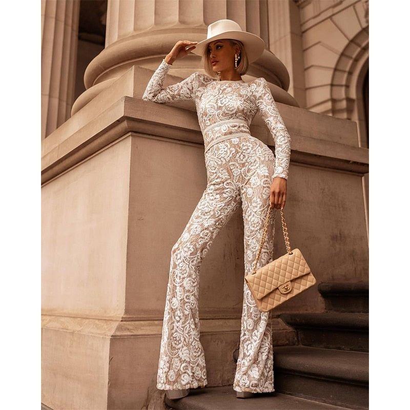 2020 Spring Sexy Lace Patchwork Hollow Out Night Club Jumpsuit Solid Full Sleeve Bandage Vintage Rompers Outfit One Piece Pants