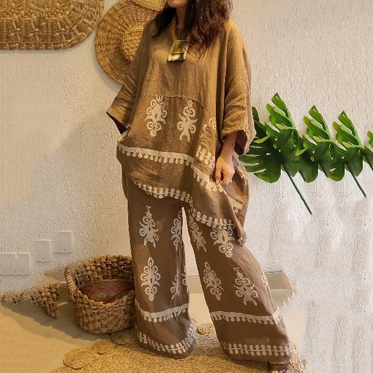 Utbros Women's Fashion Ethnic Floral Linen Long Sleeve Pants Two-piece Set