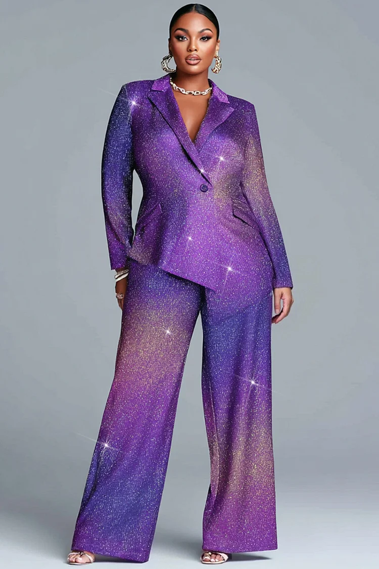 Xpluswear Design Plus Size Formal Purple Gradient Lapel Collar Long Sleeve Asymmetric Hem Elegant Glitter Two Piece Pant Suits [Pre-Order]