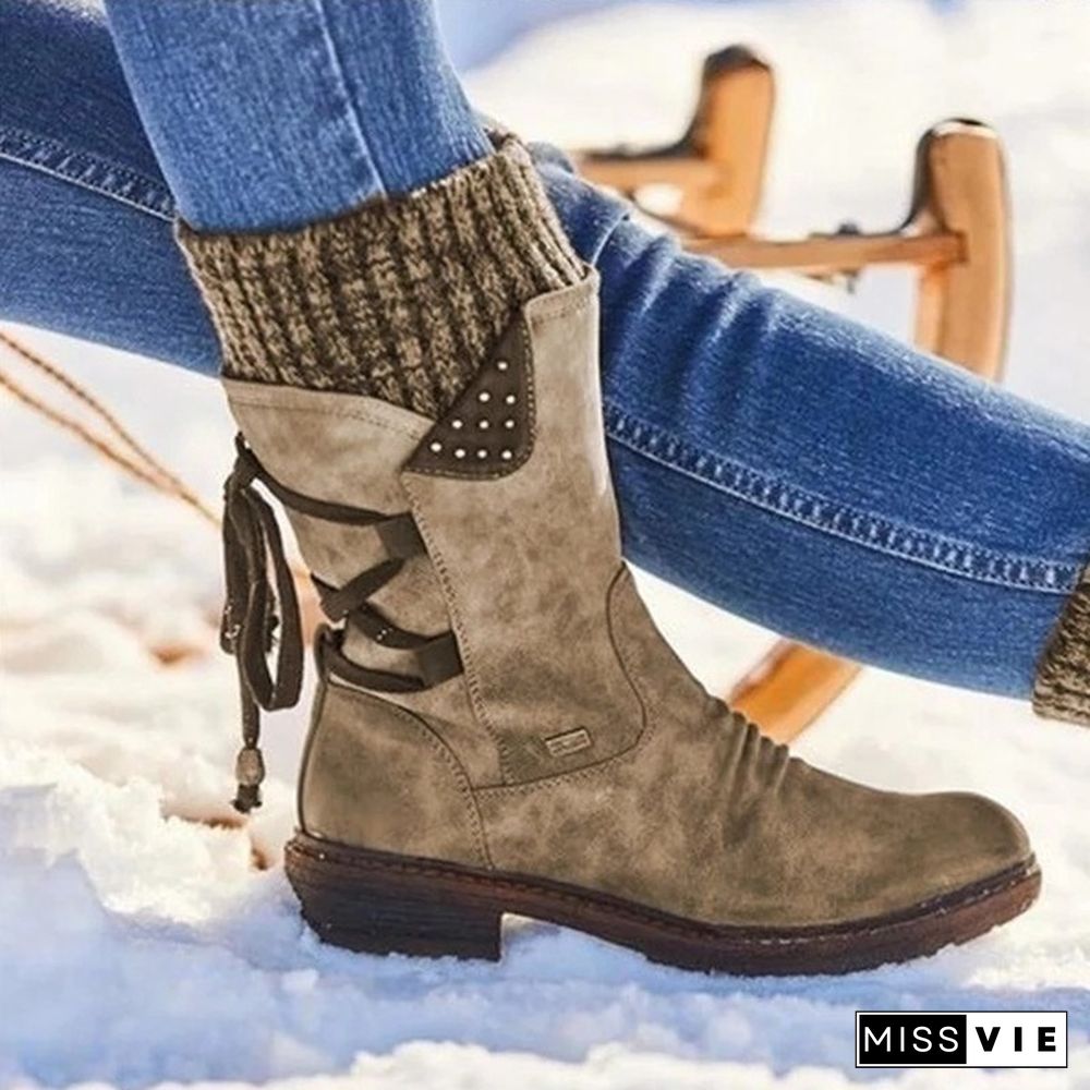 New Fashion Autumn and Winter Womens Boots In The Calf Boots Casual Flat Snow Boots Leather Sweater Bandage Boots Cowgirl Boots Zipper Low Heel Ladies Boots
