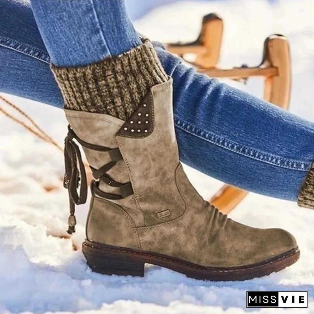 New Fashion Autumn and Winter Womens Boots In The Calf Boots Casual Flat Snow Boots Leather Sweater Bandage Boots Cowgirl Boots Zipper Low Heel Ladies Boots