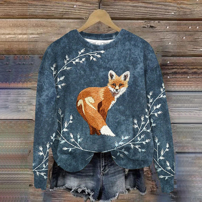 Women's Fox Print Crew Neck Fashion Sweatshirt artswardrobe
