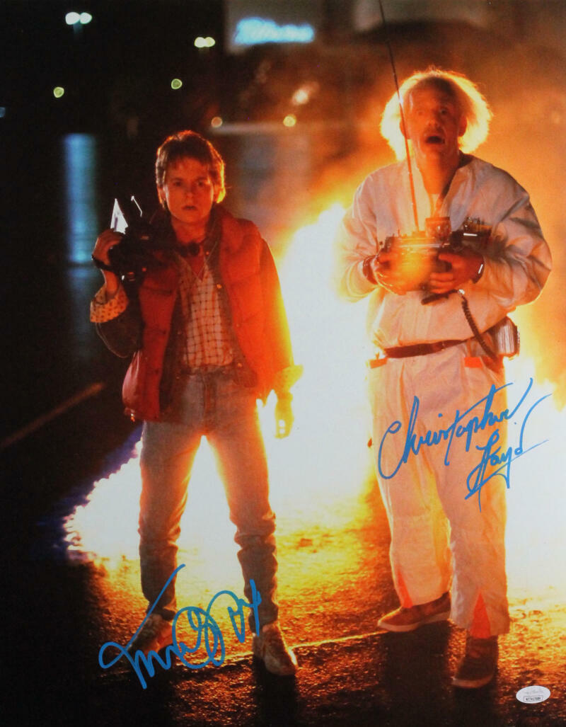 Christopher Lloyd/MJ Fox Signed Back to the Future 16x20 Fire Photo Poster painting- JSA W *Blue