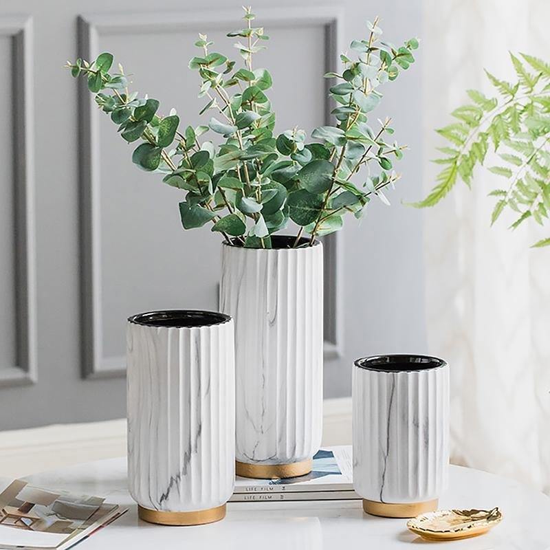 Ceramic Cylinder White  Flower Vases with Marbled Vertical Edge Pattern