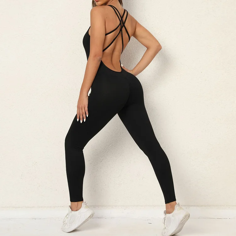 PASUXI Women's Seamless Back Cross Yoga Jumpsuit One-piece Backless Workout Athletic Bodysuit Double Strap Sport Rompers huanwei