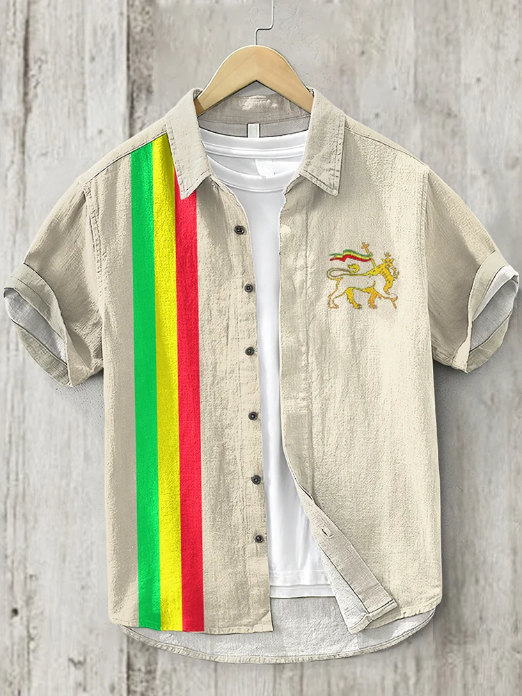 Men'S Reggae Lion Art Short Sleeve Linen Blend Shirt