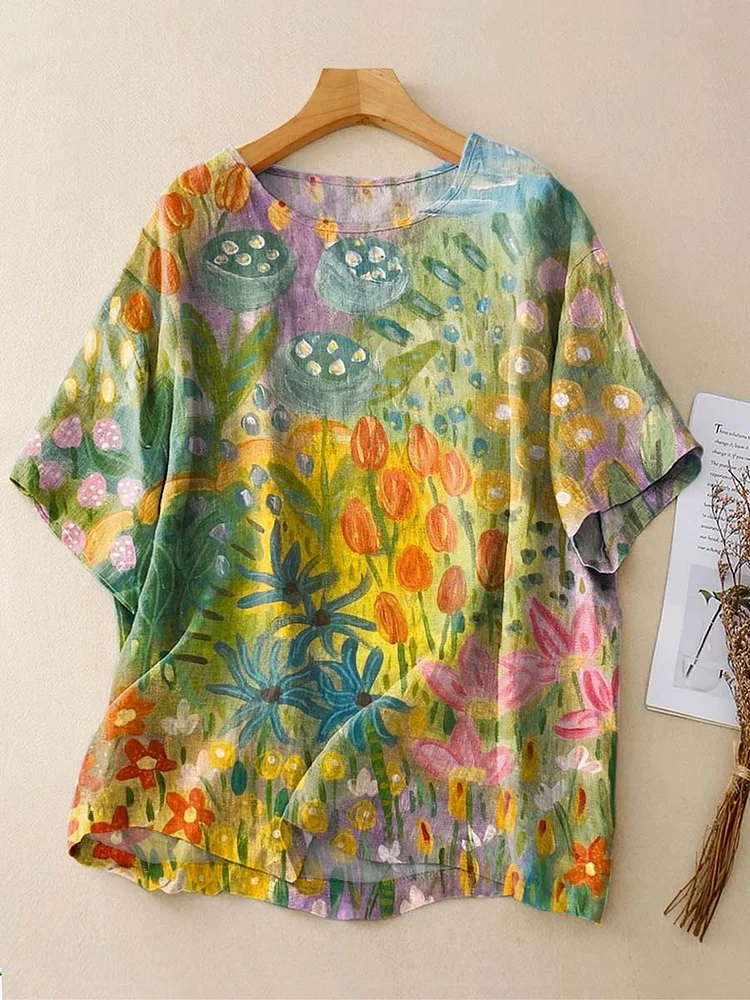 Women's Vintage Floral Art Print Casual Cotton Linen Crew Neck Shirt
