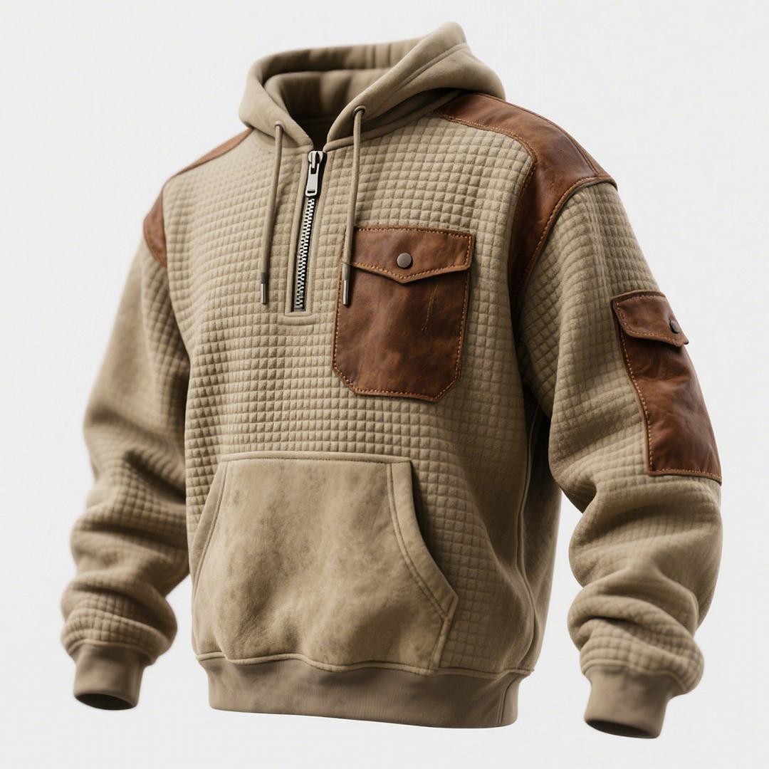 Men's Vintage Quilted Suede Hoodie With Leather Accents