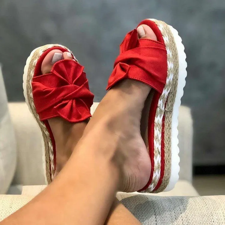 Breakj Breakj New Bow One Word Thick Bottom Slope And Hemp Rope Large Size Women Sandals Quality Assurance