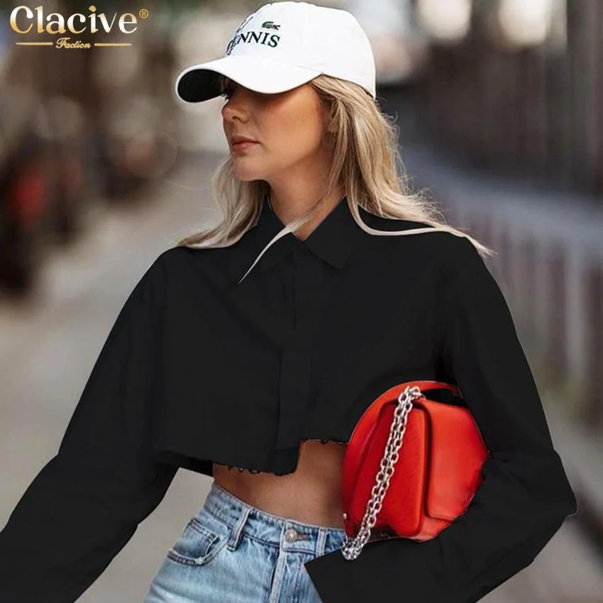 Clacive Fashion Long Sleeve Women Short Shirt Casual  Loose Turn Down Collar Lady Blouses Elegant White Office Work Shirt Female