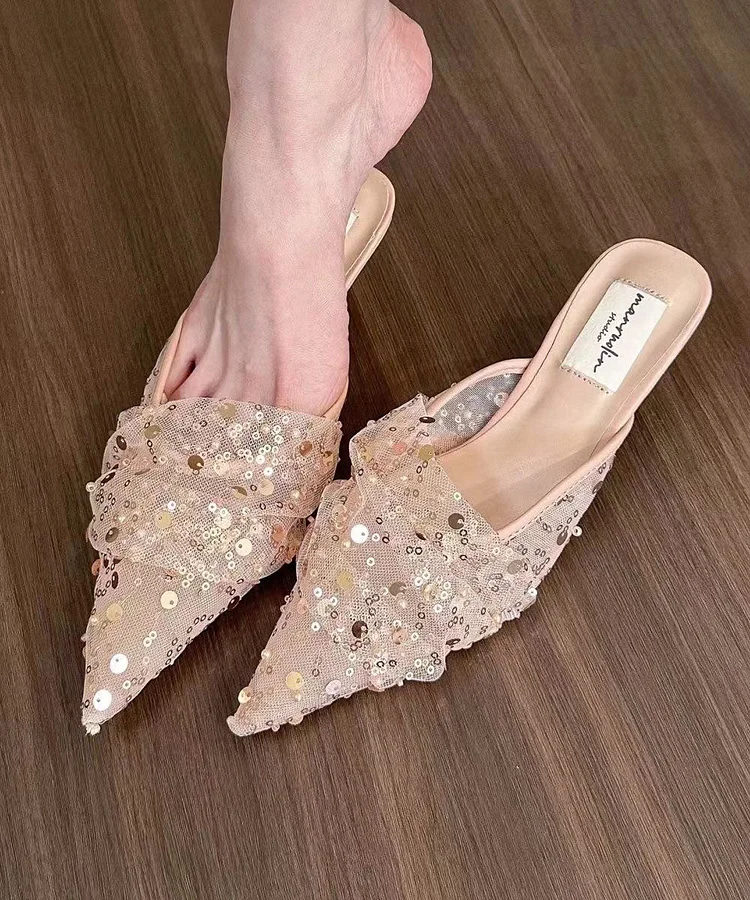 French Pink Tulle Sequins Kitten Slide Sandals Pointed Toe