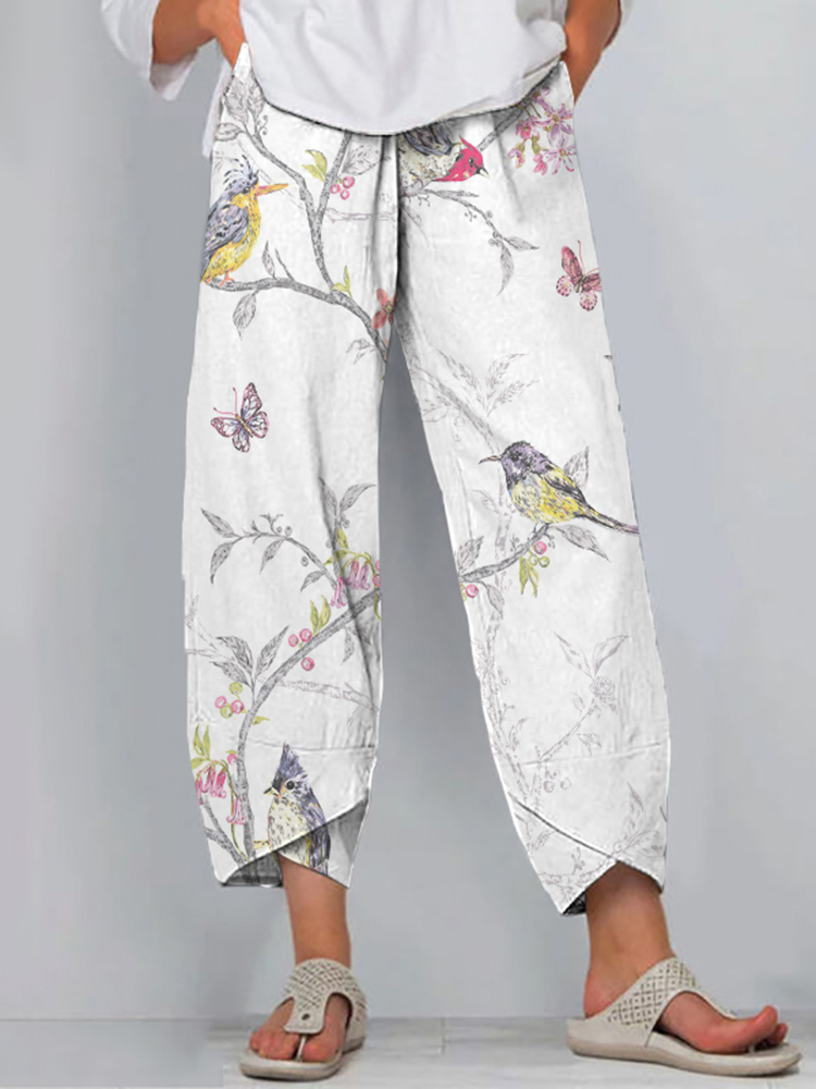 Comstylish Retro Bird In Tree Print Loose Casual Pants