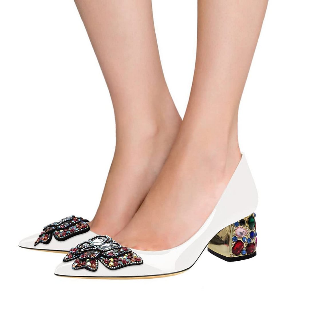 White Patent Leather Colorful Rhinestone Butterfly Block Heel Pumps