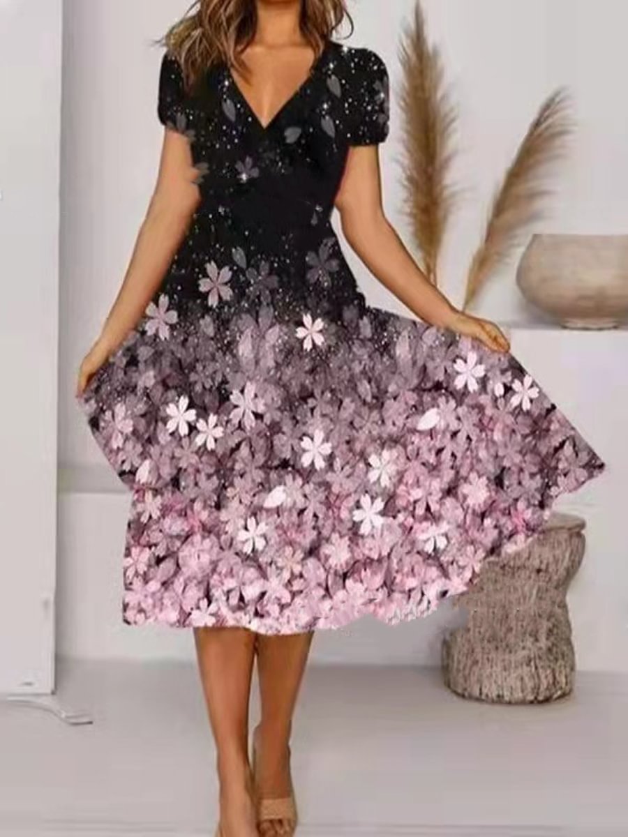 Trendy Gradient Floral Print Swing Dress