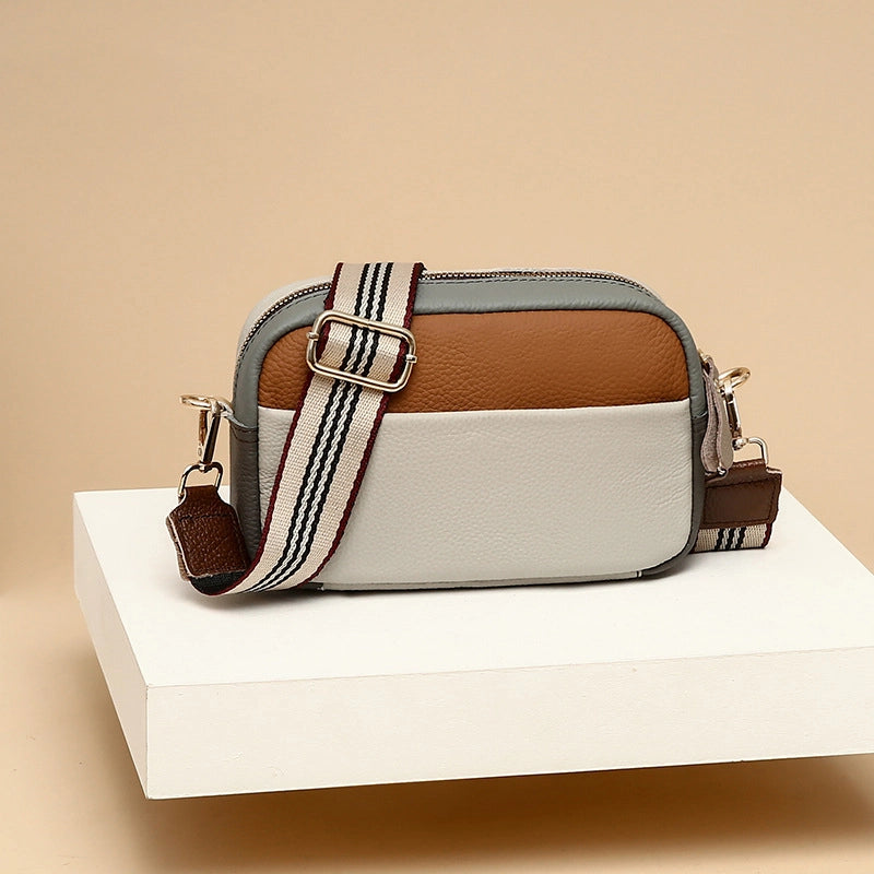 Genuine Leather Women’s Color Matching Bag New Fashion Shoulder Messenger Bag First Layer Cowhide Small Square Bag