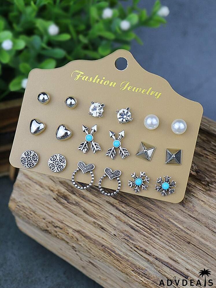 9pairs Rhinestone Detail Earrings
