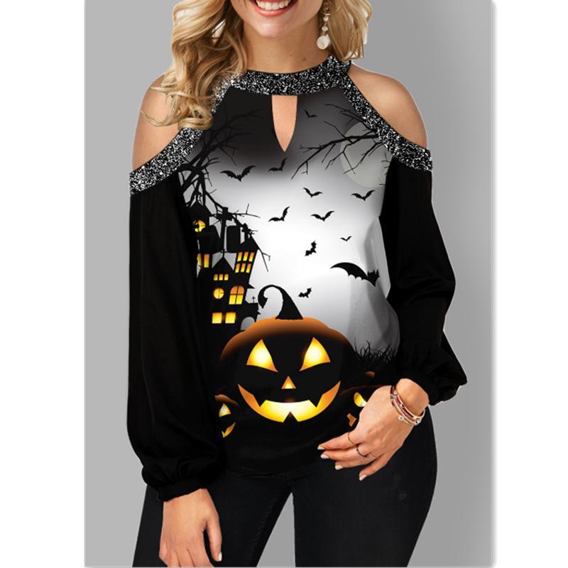  thdmladies Women's Plus Size Sequined Halloween Print T-shirt thedmladies
