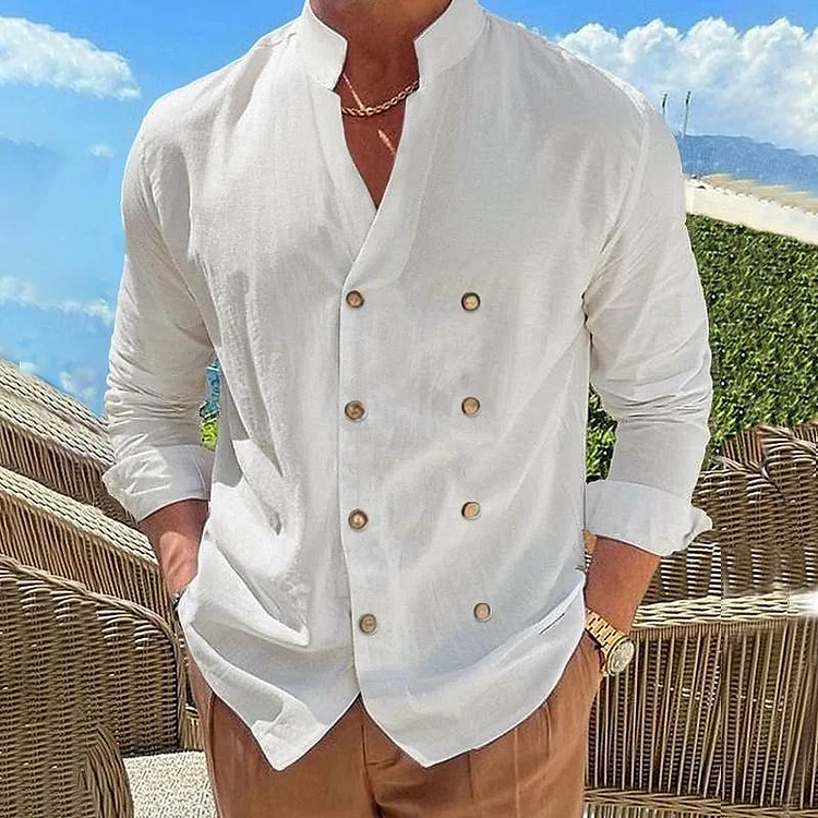 Simple Solid Color Daily Casual Double Breasted Long Sleeve Linen Shirt