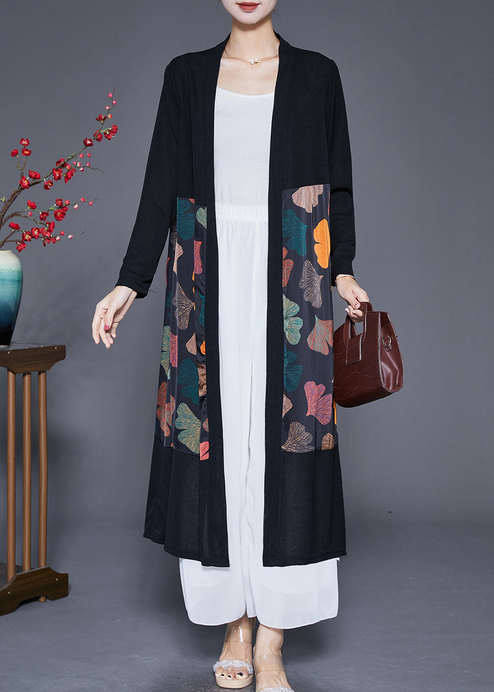 VCSHOES Black Oversized Patchwork Leaf Print Silk Cardigan Fall