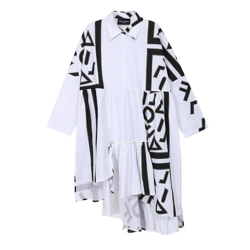 [EAM] Women White Pattern Printed Big Size  Dress New Lapel Long Sleeve Loose Fit Fashion Tide Spring Autumn 2021 1Y926