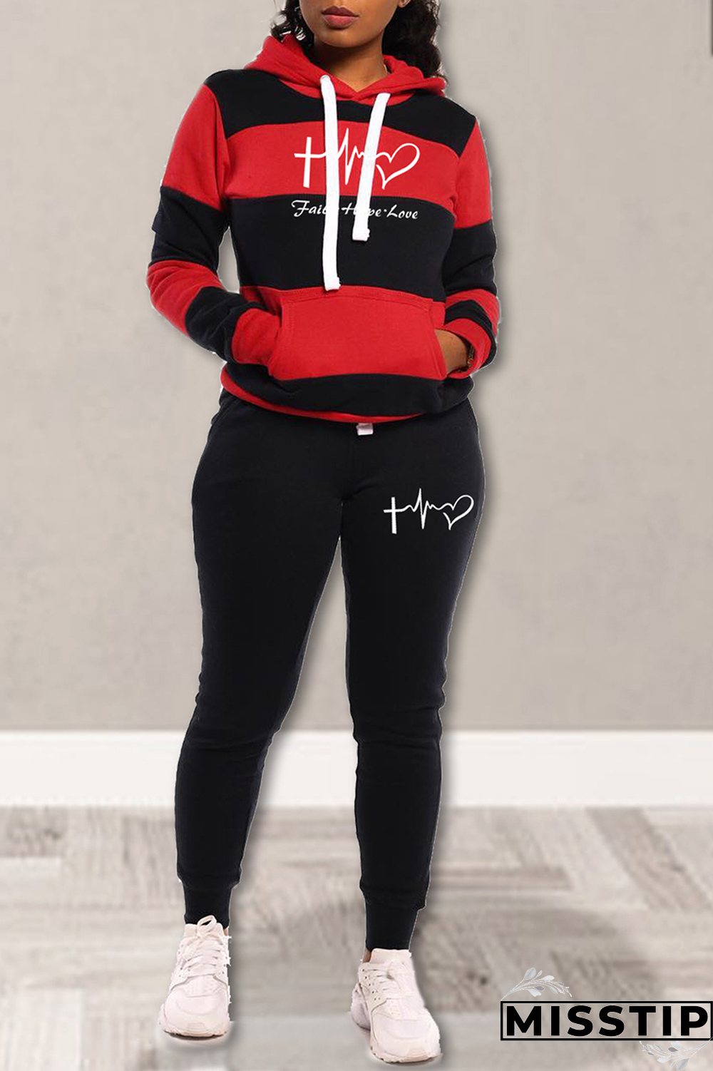 Black Street Striped Draw String Hooded Collar Long Sleeve Two Pieces